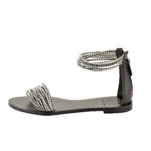 Tory Burch Annabelle Black White Twist Strap Sandals Size 7.5 Zip Back Flat